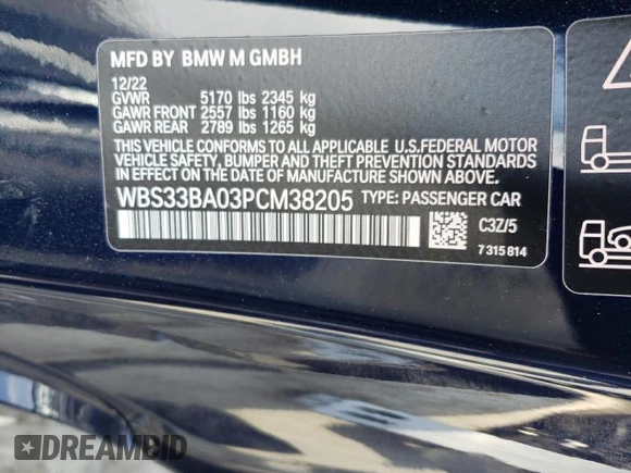 2023 BMW M4 Competition xDrive with VIN WBS33BA03PCM38205, listed as a Copart auction lot 53712114 with 0 mi miles and Salvage Title. Bid and sale history available at carsss.com. Image 13.