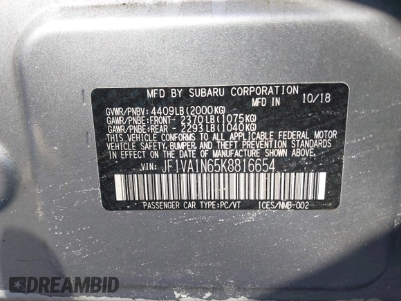 2019 Subaru WRX Limited with VIN JF1VA1N65K8816654, listed as a IAAI auction lot 41306510 with 53,765 mi miles. Bid and sale history available at carsss.com. Image 9.