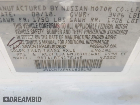2019 Nissan Versa SV z VIN 3N1CN7AP4KL802692, wystawiony jako IAAI lot #41491391 z przebiegiem Nie podano mil oraz . Historia ofert i sprzedaży dostępna na DreamBid. Obrazek 9.
