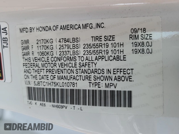 2019 Acura RDX w/Advance Pkg with VIN 5J8TC1H75KL010781, listed as a Copart auction lot 74355314 with 0 mi miles and Non Repairable. Bid and sale history available at carsss.com. Image 14.