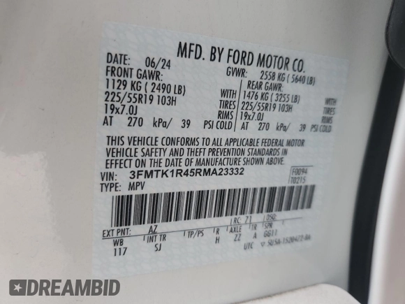 2024 Ford Mustang Mach-E Select z VIN 3FMTK1R45RMA23332, wystawiony jako Copart lot #62420565 z przebiegiem 17 275 mil mil oraz Szkoda całkowita • Salvage title. Historia ofert i sprzedaży dostępna na DreamBid. Obrazek 13.