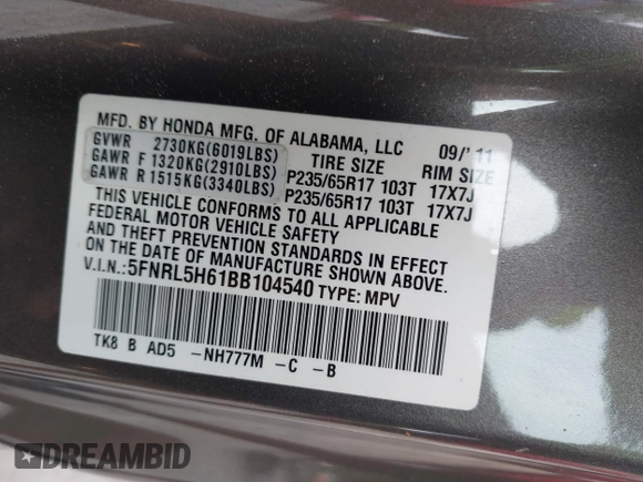 2011 Honda Odyssey EX-L с VIN 5FNRL5H61BB104540, выставлен на аукционе IAAI как лот 42395184 с пробегом 204 606 миль миль и . История ставок и продаж доступна на DreamBid. Изображение 9.