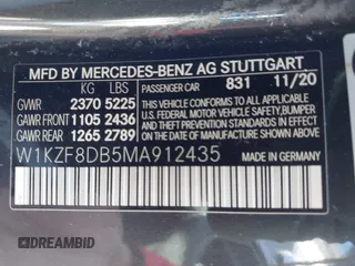 2021 Mercedes-Benz E 350 with VIN W1KZF8DB5MA912435, listed as a IAAI auction lot 42311200 with 32,631 mi miles and . Bid and sale history available at DreamBid. Image 9.