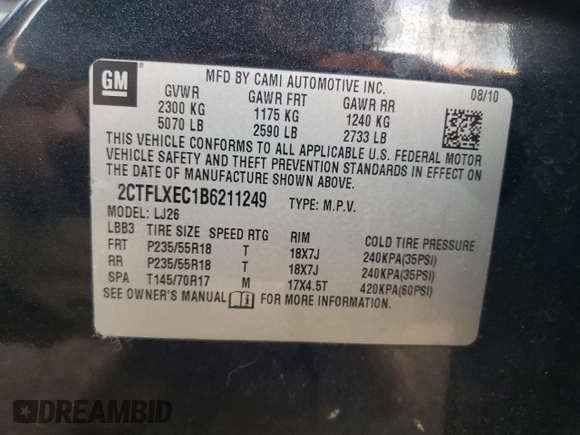 2011 GMC Terrain SLT-2 with VIN 2CTFLXEC1B6211249, listed as a Copart auction lot 72086884 with 163,671 mi miles and Salvage Title. Bid and sale history available at DreamBid. Image 14.