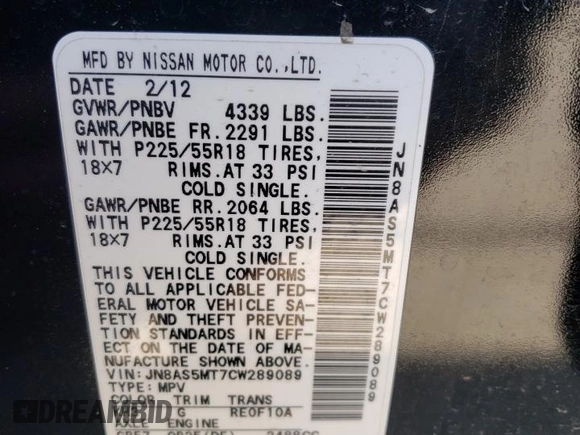 2012 Nissan Rogue SL with VIN JN8AS5MT7CW289089, listed as a Copart auction lot 48131745 with 144,973 mi miles and Salvage Title. Bid and sale history available at DreamBid. Image 16.