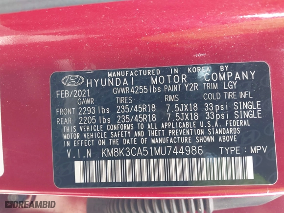 2021 Hyundai Kona Limited with VIN KM8K3CA51MU744986, listed as a IAAI auction lot 41519852 with 69,443 mi miles. Bid and sale history available at carsss.com. Image 9.