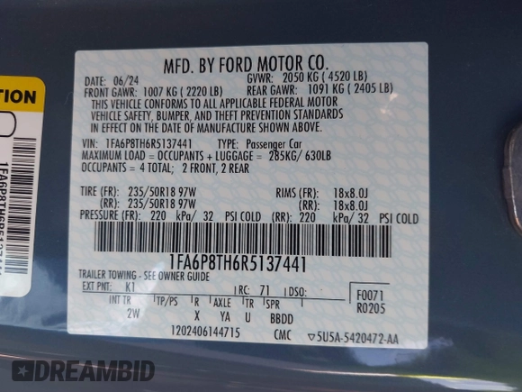 2024 Ford Mustang EcoBoost with VIN 1FA6P8TH6R5137441, listed as a IAAI auction lot 41615827 with 8,935 mi miles. Bid and sale history available at carsss.com. Image 9.