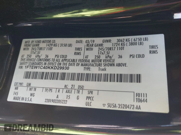 2019 Ford F-150 XL with VIN 1FTEW1C40KKD29930, listed as a IAAI auction lot 42006639 with 149,236 mi miles and . Bid and sale history available at DreamBid. Image 9.