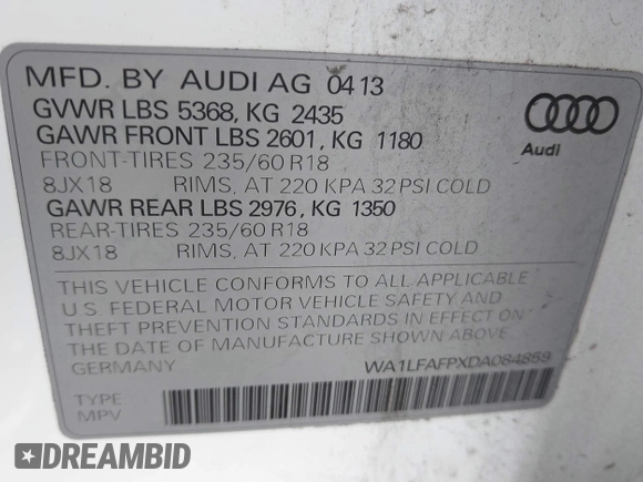 2013 Audi Q5 Premium Plus with VIN WA1LFAFPXDA084859, listed as a IAAI auction lot 42079720 with 150,952 mi miles and . Bid and sale history available at DreamBid. Image 9.