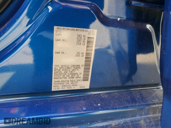 2025 Nissan Altima SV with VIN 1N4BL4DV2SN301393, listed as a Copart auction lot 49089035 with 5,538 mi miles and Salvage Title. Bid and sale history available at DreamBid. Image 12.