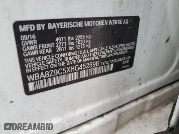 2017 BMW 3 Series 330i xDrive with VIN WBA8Z9C5XHG452896, listed as a Copart auction lot 42036405 with 55,009 mi miles and Clean Title. Bid and sale history available at carsss.com. Image 12.