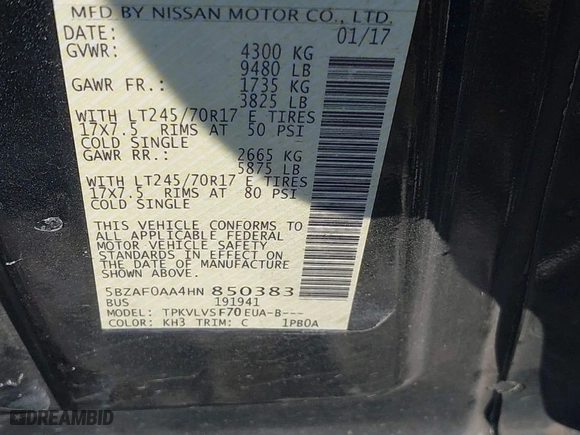 2017 Nissan NV Passenger SL with VIN 5BZAF0AA4HN850383, listed as a IAAI auction lot 41310673 with 122,120 mi miles. Bid and sale history available at carsss.com. Image 9.