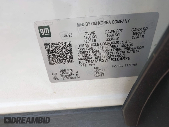 2023 Chevrolet TrailBlazer LS with VIN KL79MMS27PB164679, listed as a IAAI auction lot 41785080 with 30,131 mi miles and . Bid and sale history available at DreamBid. Image 9.
