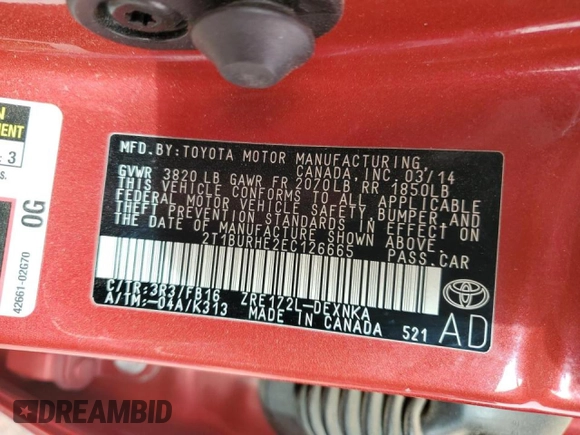 2014 Toyota Corolla L z VIN 2T1BURHE2EC126665, wystawiony jako Copart lot #47493545 z przebiegiem 107 196 mil mil oraz Szkoda całkowita • Salvage title. Historia ofert i sprzedaży dostępna na DreamBid. Obrazek 14.