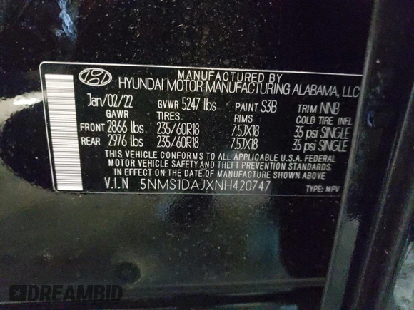 2022 Hyundai Santa Fe SE with VIN 5NMS1DAJXNH420747, listed as a Copart auction lot 40177913 with 7,768 mi miles and . Bid and sale history available at DreamBid. Image 14.