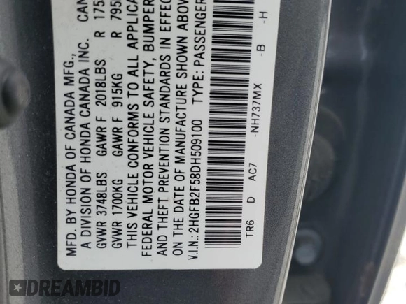 2013 Honda Civic LX with VIN 2HGFB2F58DH509100, listed as a Copart auction lot 60142585 with 154,973 mi miles and Salvage title. Bid and sale history available at DreamBid. Image 12.