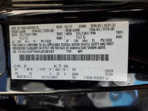 2017 Ford Escape S with VIN 1FMCU0F76HUE09397, listed as a Copart auction lot 49598525 with 135,899 mi miles and Salvage Title. Bid and sale history available at carsss.com. Image 13.