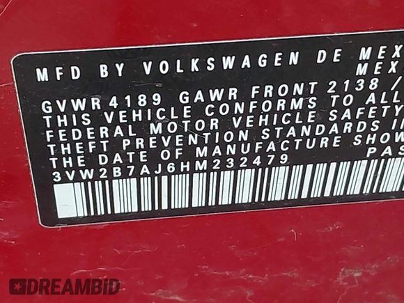 2017 Volkswagen Jetta S z VIN 3VW2B7AJ6HM232479, wystawiony jako IAAI lot #42579313 z przebiegiem 100 582 mil mil oraz . Historia ofert i sprzedaży dostępna na DreamBid. Obrazek 9.