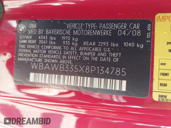 2008 BMW 3 Series 328i with VIN WBAWB335X8P134785, listed as a IAAI auction lot 41666278 with 292,956 mi miles. Bid and sale history available at carsss.com. Image 9.