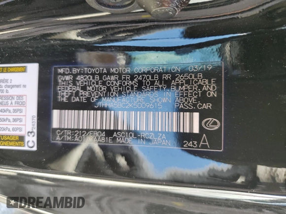 2019 Lexus RC 300 with VIN JTHHA5BC2K5009615, listed as a Copart auction lot 64201584 with Not provided miles and Non repairable. Bid and sale history available at DreamBid. Image 12.