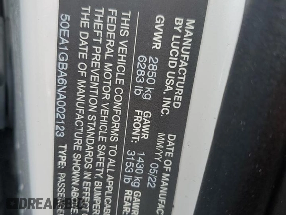2022 Lucid Air Grand Touring z VIN 50EA1GBA6NA002123, wystawiony jako Copart lot #54435935 z przebiegiem 14 902 mil mil oraz Szkody całkowita. Historia ofert i sprzedaży dostępna na DreamBid. Obrazek 13.