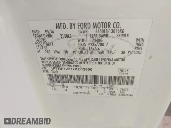 2007 Ford F-150 XL with VIN 1FTRF12277KD12860, listed as a IAAI auction lot 42545259 with 217,075 mi miles and . Bid and sale history available at DreamBid. Image 9.