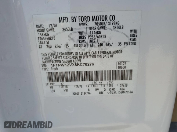 2008 Ford F-150 XLT with VIN 1FTPW12VX8KC76276, listed as a Copart auction lot 51866165 with 146,396 mi miles and Salvage Title. Bid and sale history available at carsss.com. Image 12.