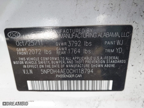 2012 Hyundai Elantra GLS with VIN 5NPDH4AE0CH118794, listed as a IAAI auction lot 41681328 with 209,421 mi miles. Bid and sale history available at carsss.com. Image 9.