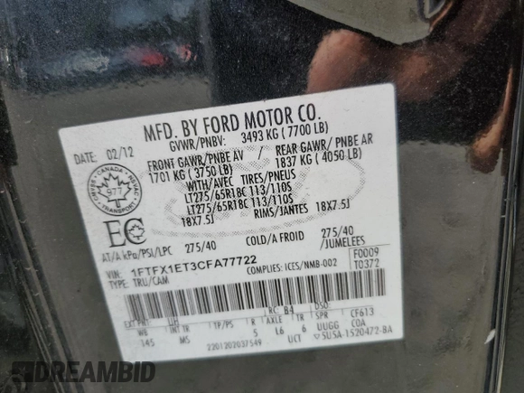 2012 Ford F-150 XL with VIN 1FTFX1ET3CFA77722, listed as a Copart auction lot 50467235 with 130,642 mi miles and Clean Title. Bid and sale history available at carsss.com. Image 12.