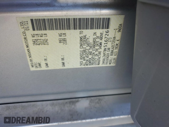 2011 Nissan Altima 2.5 with VIN 1N4AL2AP7BN516726, listed as a Copart auction lot 61729825 with Not provided miles and Salvage title. Bid and sale history available at DreamBid. Image 12.