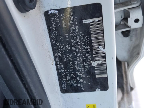2017 Hyundai Accent SE z VIN KMHCT4AE5HU167587, wystawiony jako Copart lot #46037295 z przebiegiem 98 545 mil mil oraz Szkoda całkowita • Salvage title. Historia ofert i sprzedaży dostępna na DreamBid. Obrazek 14.