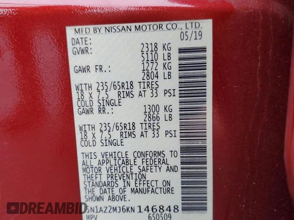 2019 Nissan Murano SL with VIN 5N1AZ2MJ6KN146848, listed as a Copart auction lot 79307124 with 85,325 mi miles and Salvage Title. Bid and sale history available at DreamBid. Image 13.