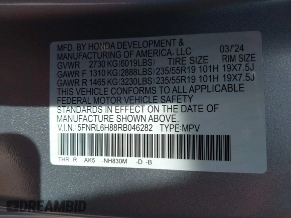 2024 Honda Odyssey Touring с VIN 5FNRL6H88RB046282, выставлен на аукционе IAAI как лот 42223669 с пробегом Не указан миль и . История ставок и продаж доступна на DreamBid. Изображение 9.