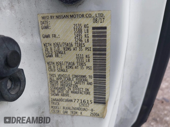 2017 Nissan Frontier SV z VIN 1N6AD0CU6HN771615, wystawiony jako IAAI lot #41552941 z przebiegiem 120 919 mil mil oraz . Historia ofert i sprzedaży dostępna na DreamBid. Obrazek 9.