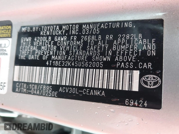 2005 Toyota Camry STD z VIN 4T1BE32K45U562005, wystawiony jako IAAI lot #42354477 z przebiegiem 205 193 mil mil oraz . Historia ofert i sprzedaży dostępna na DreamBid. Obrazek 9.