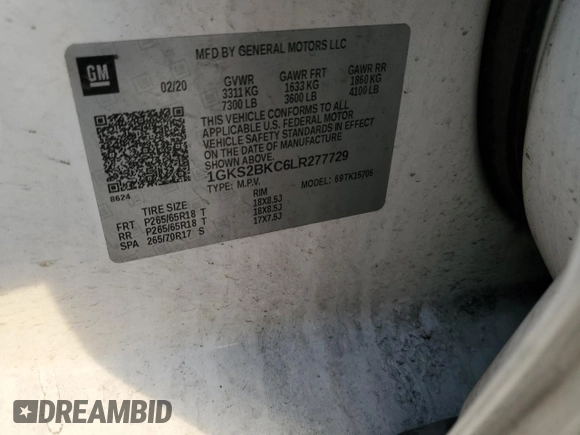 2020 GMC Yukon SLT with VIN 1GKS2BKC6LR277729, listed as a Copart auction lot 48570925 with 0 mi miles and Salvage Title. Bid and sale history available at carsss.com. Image 13.