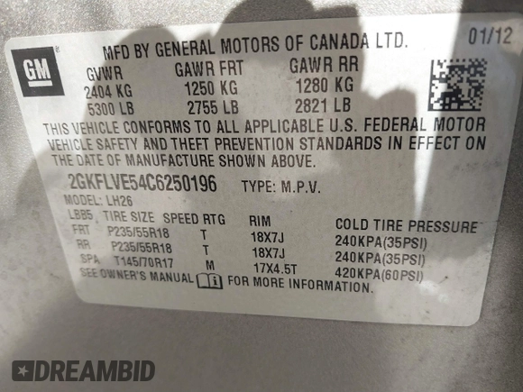 2012 GMC Terrain SLT-1 with VIN 2GKFLVE54C6250196, listed as a IAAI auction lot 41822106 with 163,048 mi miles and . Bid and sale history available at DreamBid. Image 9.
