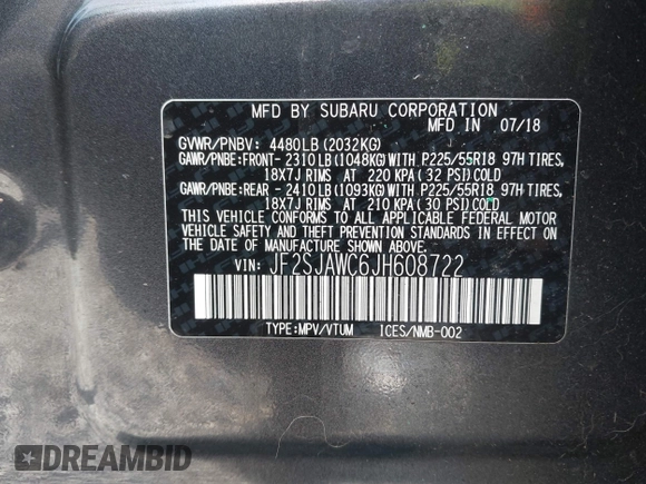 2018 Subaru Forester Touring with VIN JF2SJAWC6JH608722, listed as a IAAI auction lot 42309259 with 93,426 mi miles and . Bid and sale history available at DreamBid. Image 9.