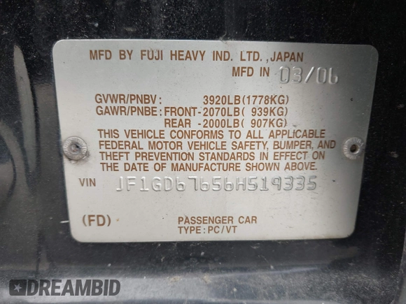 2006 Subaru Impreza i z VIN JF1GD67656H519335, wystawiony jako IAAI lot #42343279 z przebiegiem 181 088 mil mil oraz . Historia ofert i sprzedaży dostępna na DreamBid. Obrazek 9.
