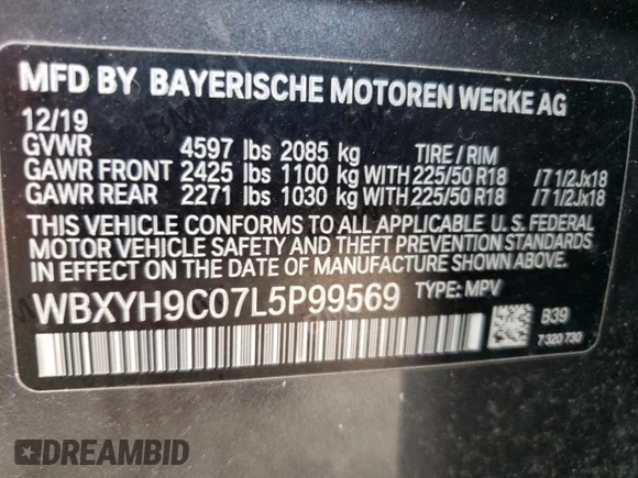 2020 BMW X2 sDrive28i with VIN WBXYH9C07L5P99569, listed as a Copart auction lot 62471604 with Not provided miles and Clean title. Bid and sale history available at DreamBid. Image 14.