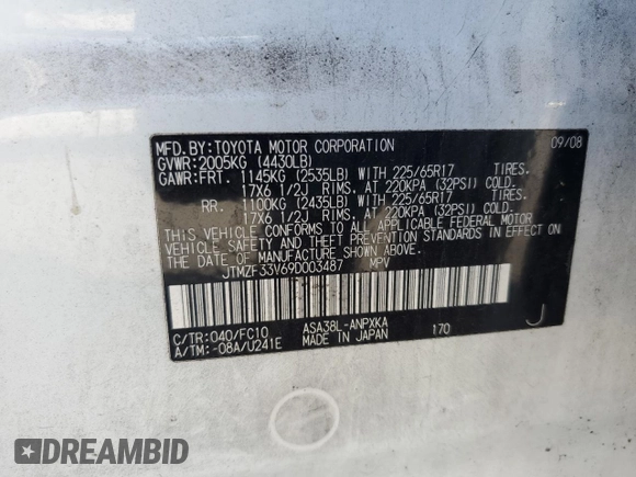 2009 Toyota RAV4 with VIN JTMZF33V69D003487, listed as a Copart auction lot 56250985 with 280,098 mi miles and Salvage Title. Bid and sale history available at DreamBid. Image 13.
