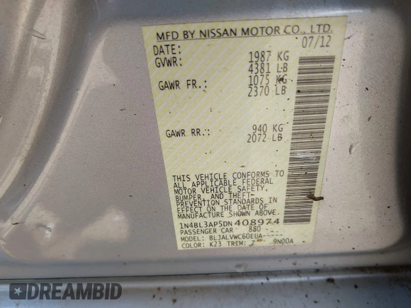 2013 Nissan Altima SL with VIN 1N4BL3AP5DN408974, listed as a IAAI auction lot 42512707 with 199,300 mi miles and . Bid and sale history available at DreamBid. Image 9.