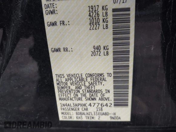 2017 Nissan Altima S z VIN 1N4AL3APXHC477642, wystawiony jako IAAI lot #41914041 z przebiegiem 153 717 mil mil oraz . Historia ofert i sprzedaży dostępna na DreamBid. Obrazek 9.