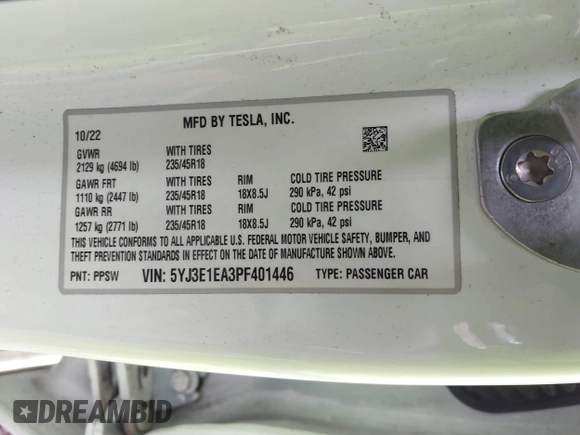 2023 Tesla Model 3 with VIN 5YJ3E1EA3PF401446, listed as a IAAI auction lot 41565881 with Not Provided miles and . Bid and sale history available at carsss.com. Image 8.