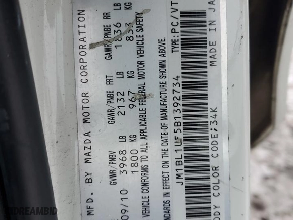 2011 Mazda Mazda3 i Sport with VIN JM1BL1UF5B1392734, listed as a Copart auction lot 42029475 with NaN miles and Salvage Title. Bid and sale history available at carsss.com. Image 12.