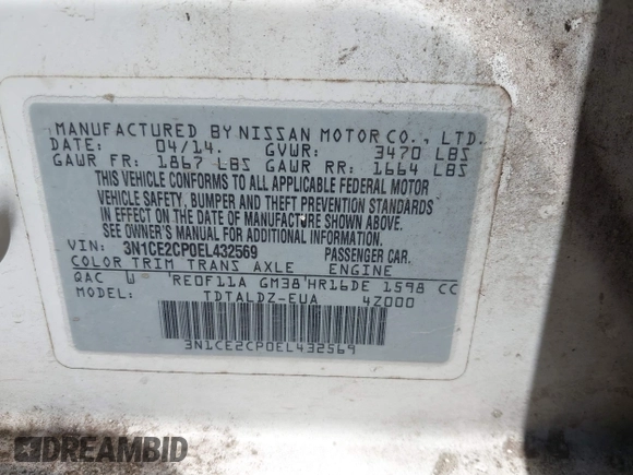 2014 Nissan Note SV with VIN 3N1CE2CP0EL432569, listed as a IAAI auction lot 42019364 with 190,403 mi miles and . Bid and sale history available at DreamBid. Image 9.