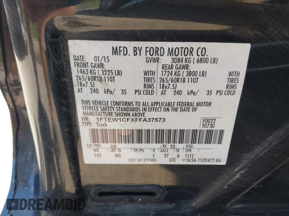 2015 Ford F-150 XL with VIN 1FTEW1CFXFFA37573, listed as a IAAI auction lot 42054120 with 125,822 mi miles. Bid and sale history available at carsss.com. Image 9.