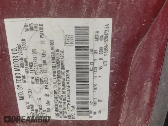 2010 Ford Ranger XLT z VIN 1FTKR4EE3APA70305, wystawiony jako Copart lot #61850725 z przebiegiem 174 677 mil mil oraz Szkoda całkowita • Salvage title. Historia ofert i sprzedaży dostępna na DreamBid. Obrazek 12.