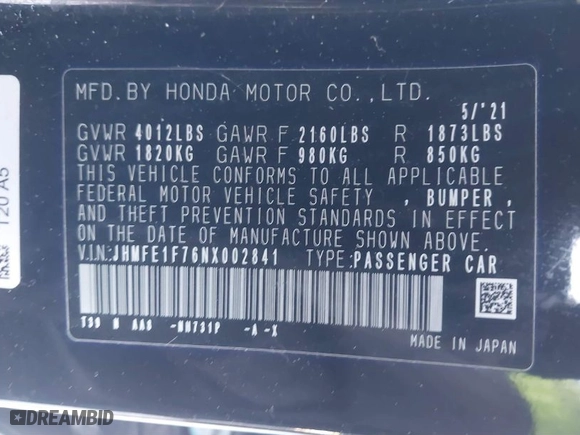 2022 Honda Civic Sedan EX with VIN JHMFE1F76NX002841, listed as a IAAI auction lot 41409713 with 38,556 mi miles. Bid and sale history available at carsss.com. Image 9.