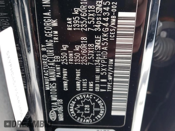 2019 Kia Sorento EX with VIN 5XYPHDA5XKG443455, listed as a Copart auction lot 45269015 with 94,513 mi miles and Salvage Title. Bid and sale history available at DreamBid. Image 13.